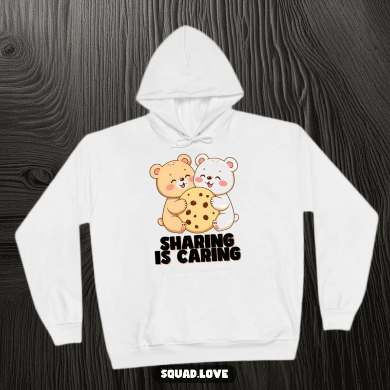Two joyful bear cubs sharing a giant cookie, featured on a cozy hoodie, symbolizing warmth and shared happiness.