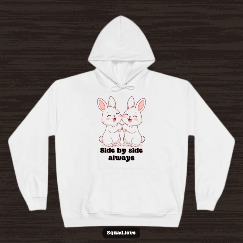Funny hoodie featuring two giggling bunnies holding paws, offering cozy warmth and a cute, friendship-themed design.