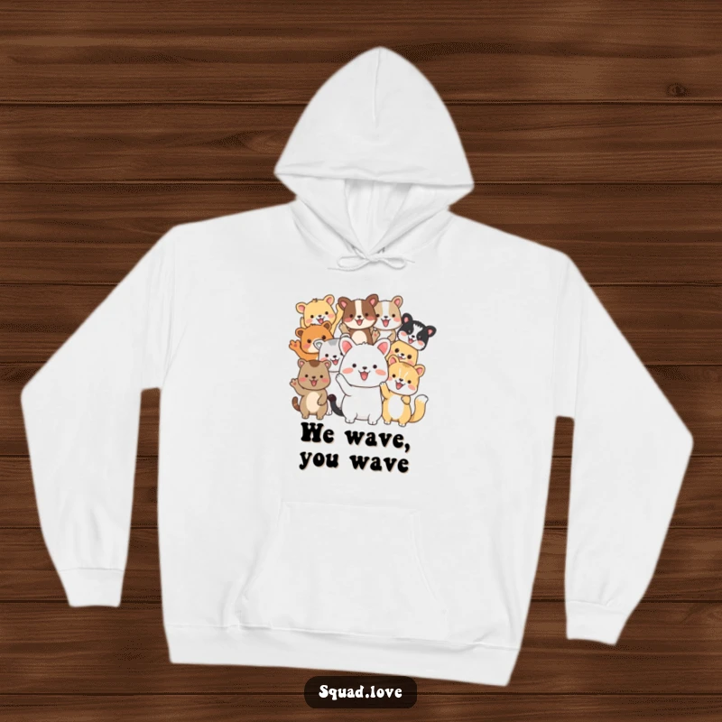 Funny hoodie with a collection of diverse animal friends enthusiastically waving together, spreading warmth and cheerful camaraderie.