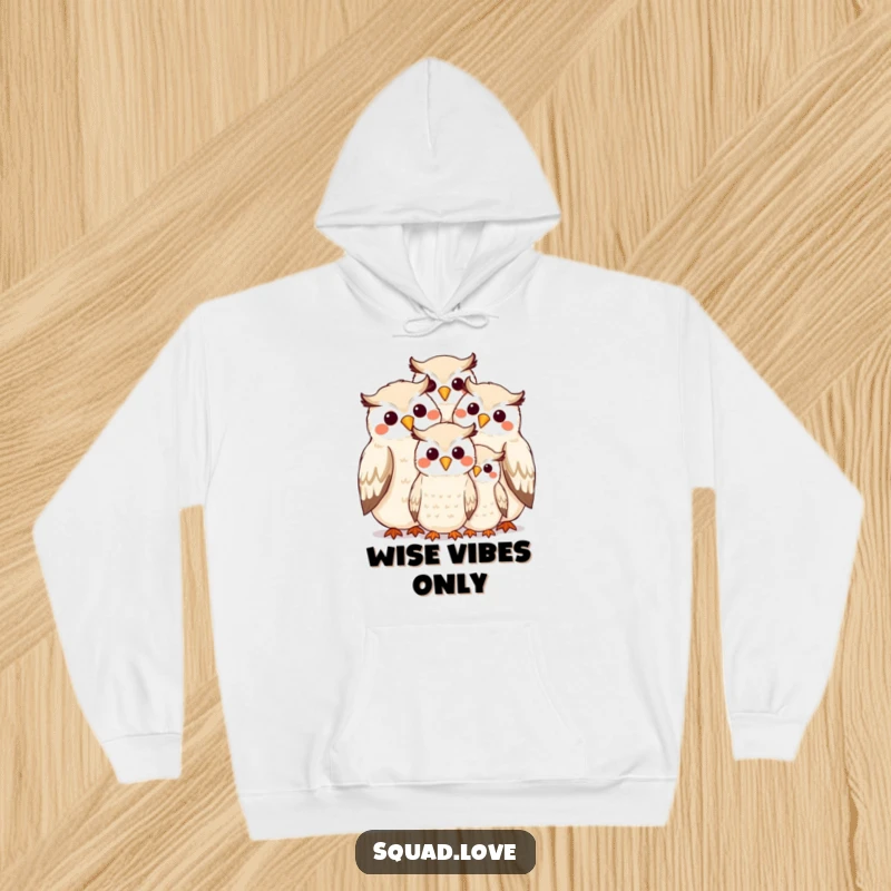 Funny owl family in a warm hug, beak to beak, smiling happily on a soft hoodie, perfect winter gift.