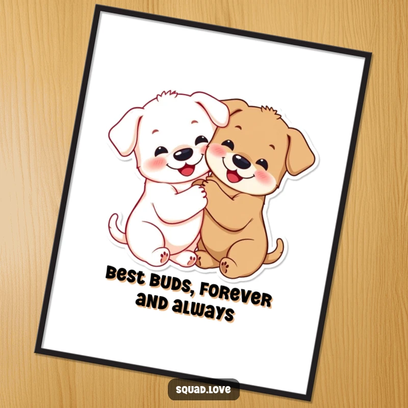 Free Printable Wall Art: Two smiling puppies sharing a tight hug with paws linked, creating a heartwarming decorative piece.