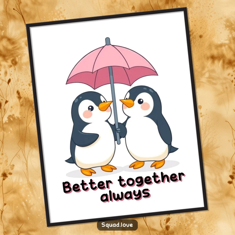 Funny Free Printable Wall Art: Two adorable, playful penguins giggling together while sharing a single umbrella.