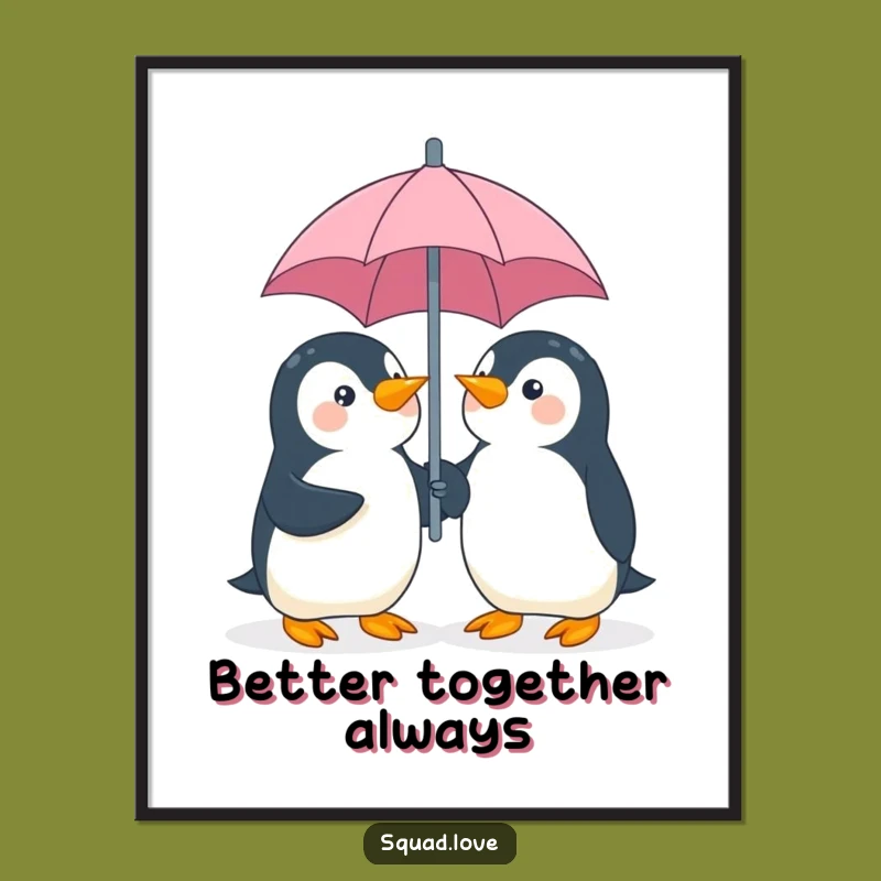 Free Printable Wall Art: Giggling Penguins Under Umbrella, Cute Decor Downloadable Art