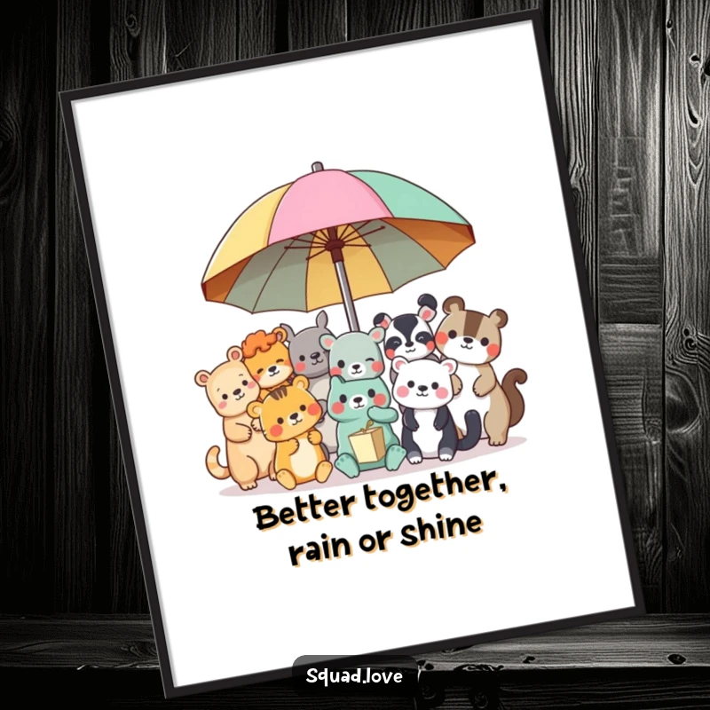 Funny Free Printable Wall Art: A cheerful gathering of diverse animal friends sharing a huge, colorful umbrella in harmonious fun.