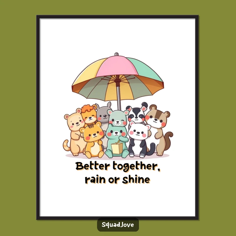 Free Printable Wall Art: Animal Friends Share Umbrella for Whimsical Decor
