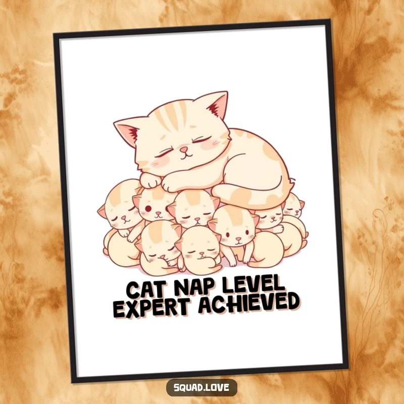 Funny Free Printable Wall Art: A contented cat sleeps soundly on a heartwarming pile of tiny, happy kittens.