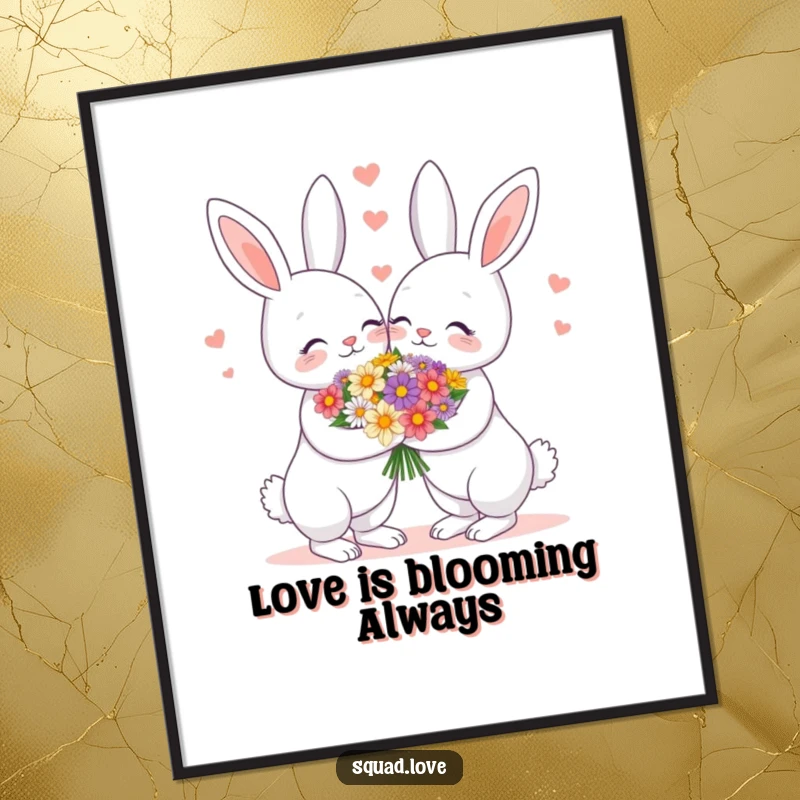 Funny Free Printable Wall Art of a loving bunny couple sharing a flower bouquet, evoking warmth and romance.