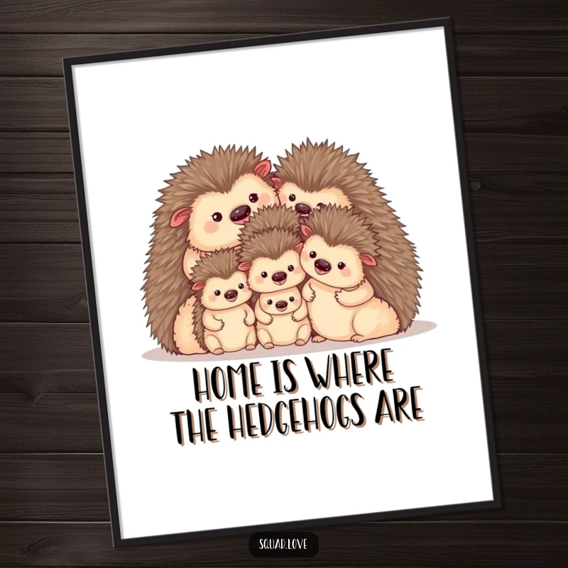 Funny Free Printable Wall Art depicting a charming hedgehog family huddled together, radiating extreme coziness and contentment for any room.