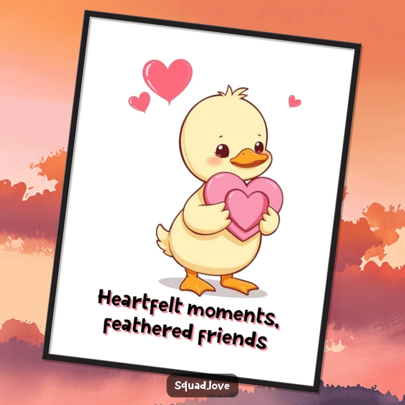 Funny Free Printable Wall Art: A baby duckling gently presents a handmade heart, radiating love and sweetness for your decor.