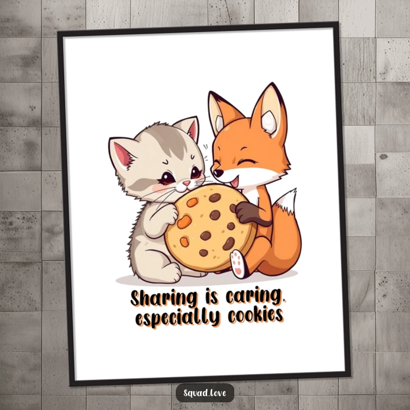 Free Printable Wall Art: A cute kitten and a friendly fox sharing a giant cookie, creating a heartwarming and playful scene.