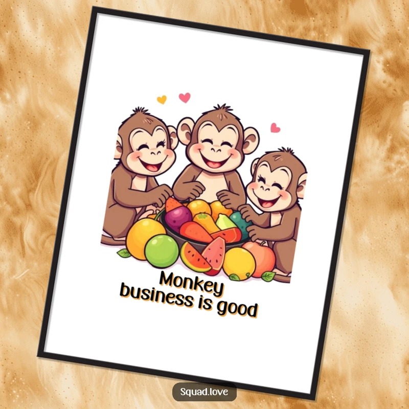 Funny Free Printable Monkey Wall Art: Several smiling monkeys share a bountiful feast of colorful fruits, adding jungle charm to decor.