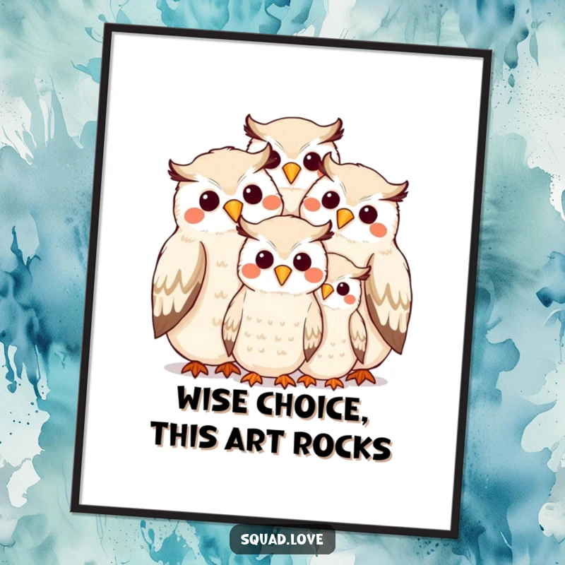 Funny Free Printable Wall Art showcasing a sweet owl family snuggled close, beak to beak, radiating happiness and warmth.