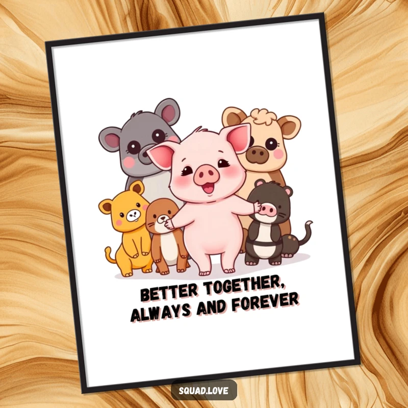 Free Printable Wall Art: A happy piglet holding hands with a diverse group of smiling animals, promoting unity and friendship.