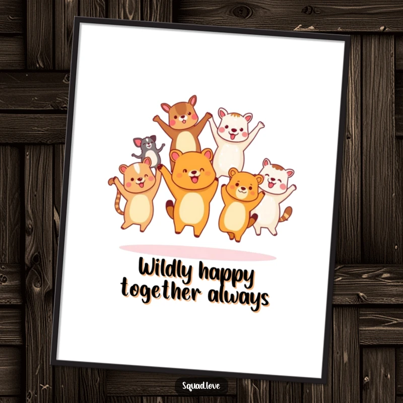 Funny Free Printable Wall Art depicting a diverse group of animal friends holding hands, jumping joyfully in a spirited, happy embrace.