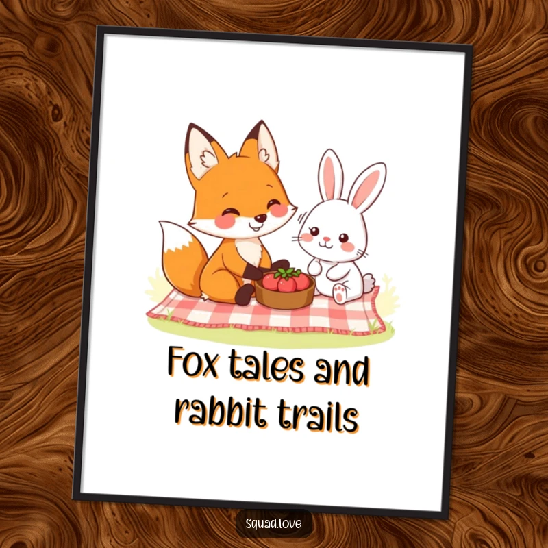 Funny Free Printable Wall Art: A smiling fox and a friendly rabbit sharing a picnic blanket in a peaceful setting.