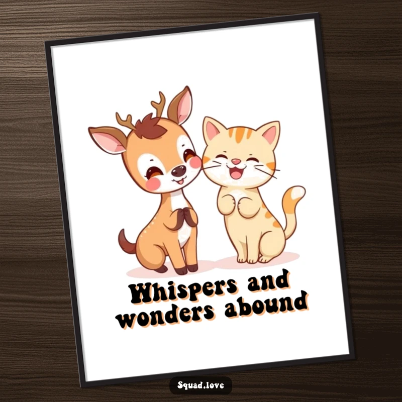 Free Printable Wall Art: A joyful kawaii deer shares a whispered secret with a cat that is captured in a moment of giggling.