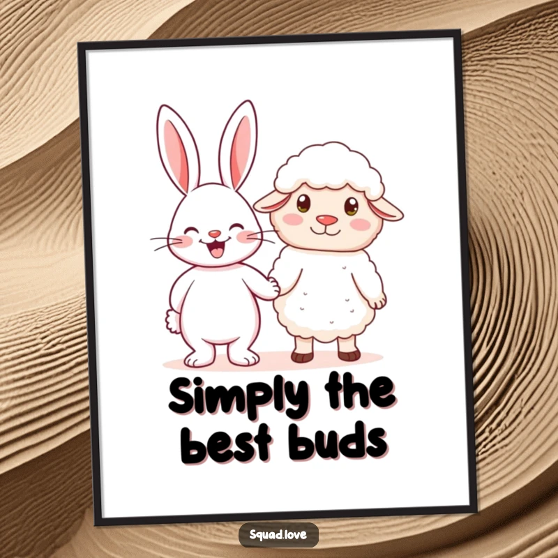 Funny Free Printable Wall Art: A cheerful rabbit and a fluffy sheep are depicted holding hands, radiating simple happiness and companionship.