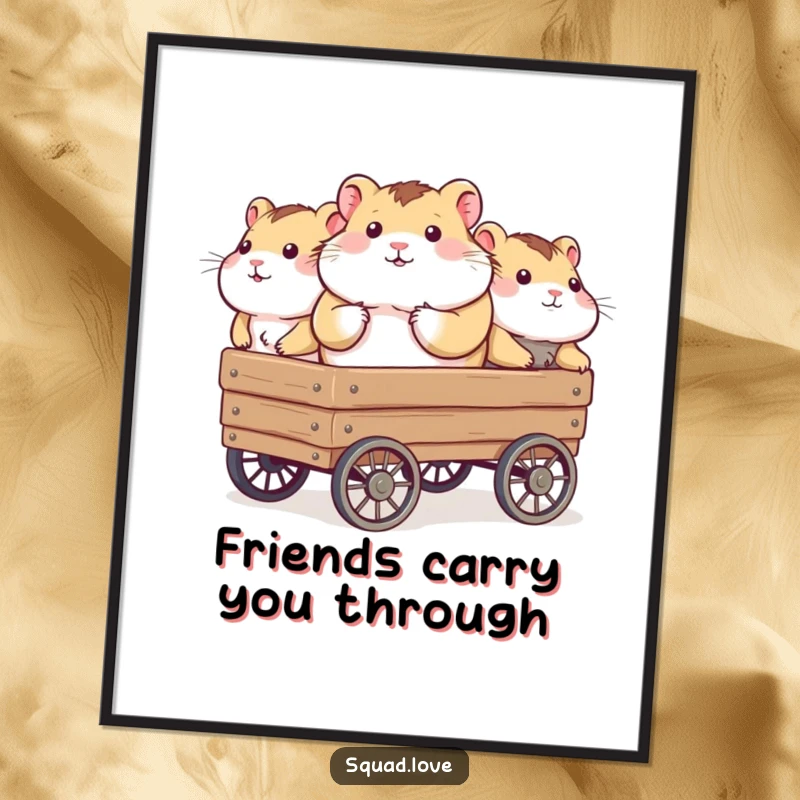 Funny Free Printable Wall Art: A chubby hamster rides in a wagon, pulled by a group of cheerful friends, celebrating togetherness.