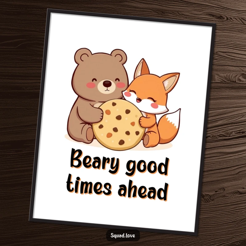 Funny Free Printable Wall Art: A bear and fox happily sharing a giant cookie, radiating joy and friendship.