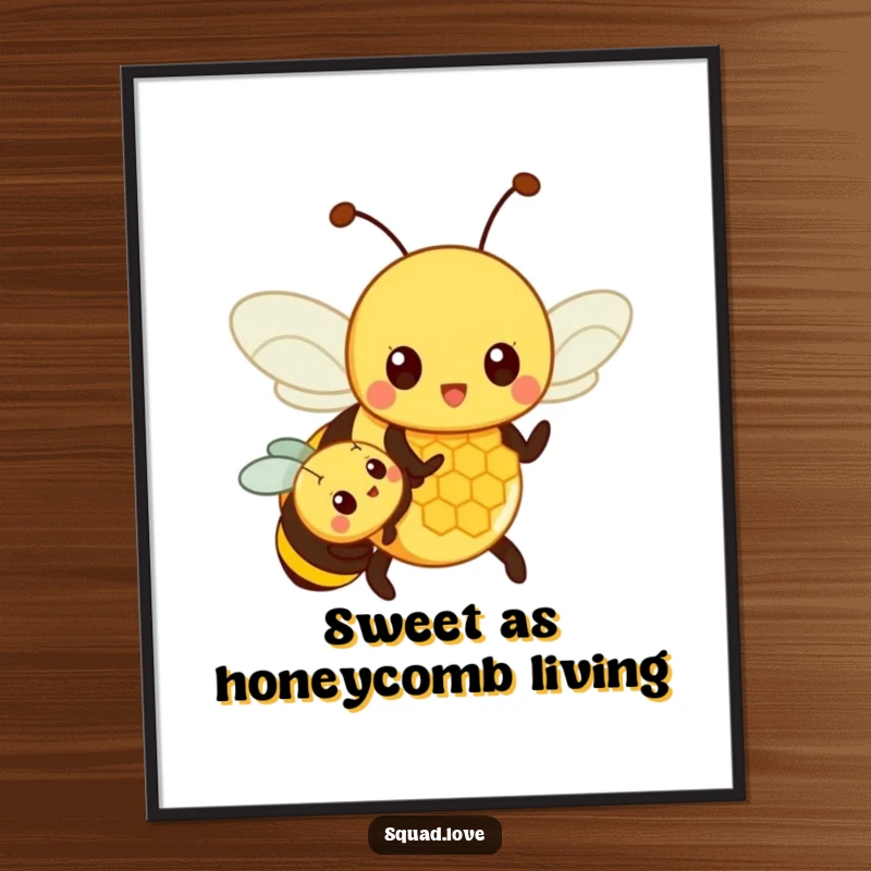 Funny Free Printable Wall Art: Proud bee teaching young bee about honeycomb, cute illustration, downloadable home decor.