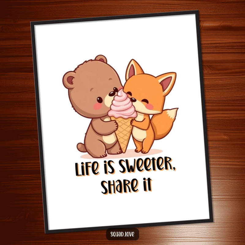 Funny Free Printable Wall Art of a bear cub and fox sharing a massive ice cream cone, perfect for kitchens.