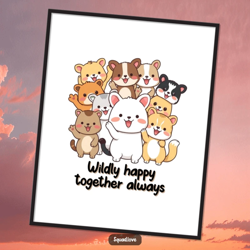 Funny Free Printable Wall Art: Diverse animal friends waving enthusiastically, cheerful illustration, wonderful downloadable art.