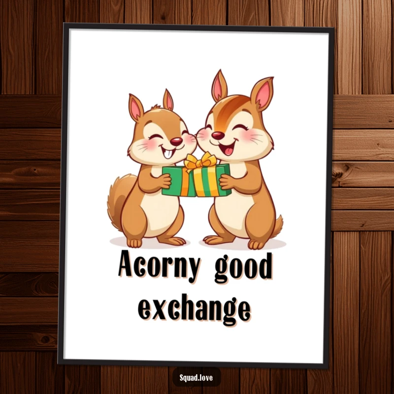 Funny Free Printable Wall Art: Adorable squirrel and chipmunk exchanging gifts with huge smiles, radiating friendship and holiday cheer.
