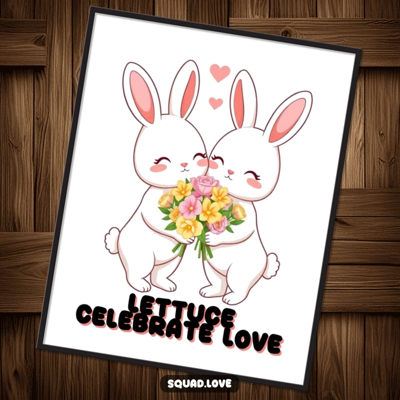 Funny Free Printable Wall Art of a charming bunny couple sharing a beautiful flower bouquet, symbolizing everlasting love and affection.
