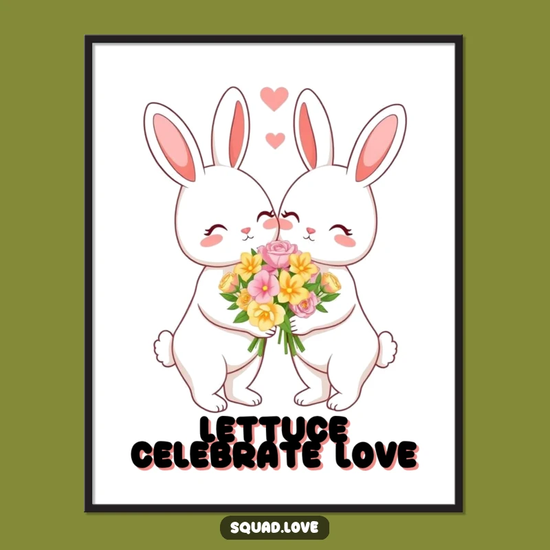 Free Printable Bunny Couple Wall Art - Romantic Flowers Downloadable Art Print