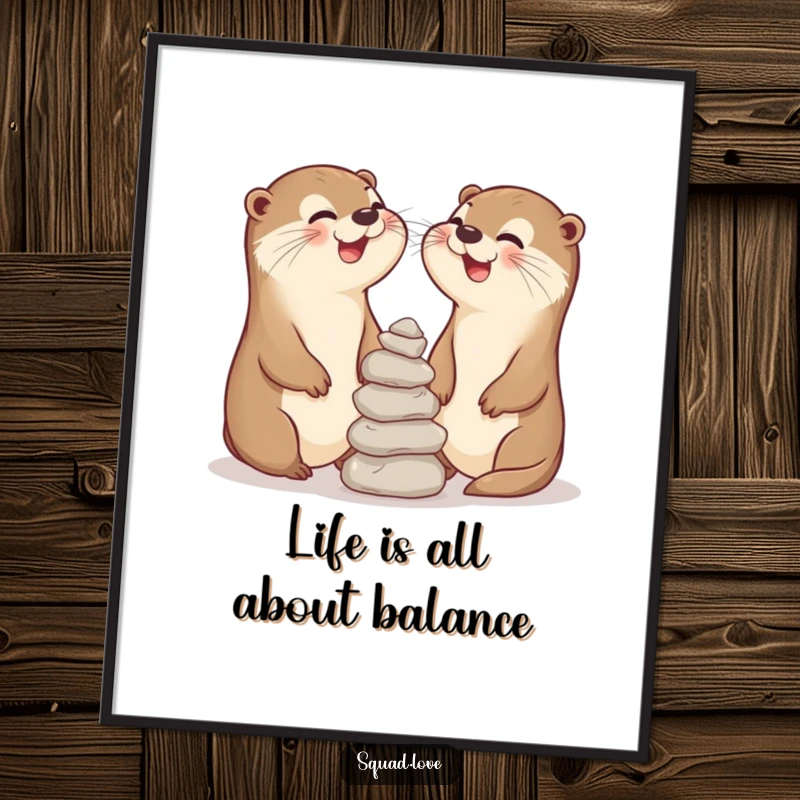 Funny Free Printable Wall Art: Two otter pals are laughing heartily while balancing a tower of stones.