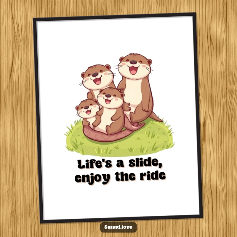 Funny Free Printable Wall Art: Otter family in motion, joyfully sliding down a vibrant green hill, embodying pure adventure and happiness.