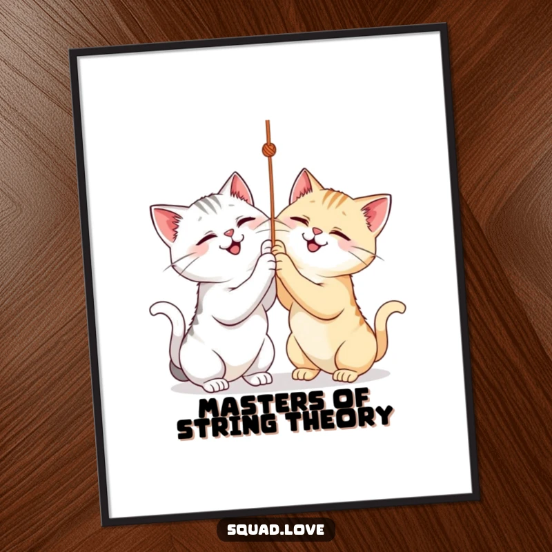 Funny Free Printable Wall Art featuring two smiling cats intensely focused on batting a dangling string, full of playful energy.
