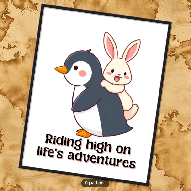 Funny Free Printable Wall Art of a penguin giving a rabbit a piggyback ride, creating a charming scene.