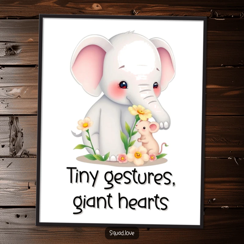 Funny Free Printable Wall Art: An elephant shares a flower with a tiny, delighted mouse, creating a heartwarming scene.