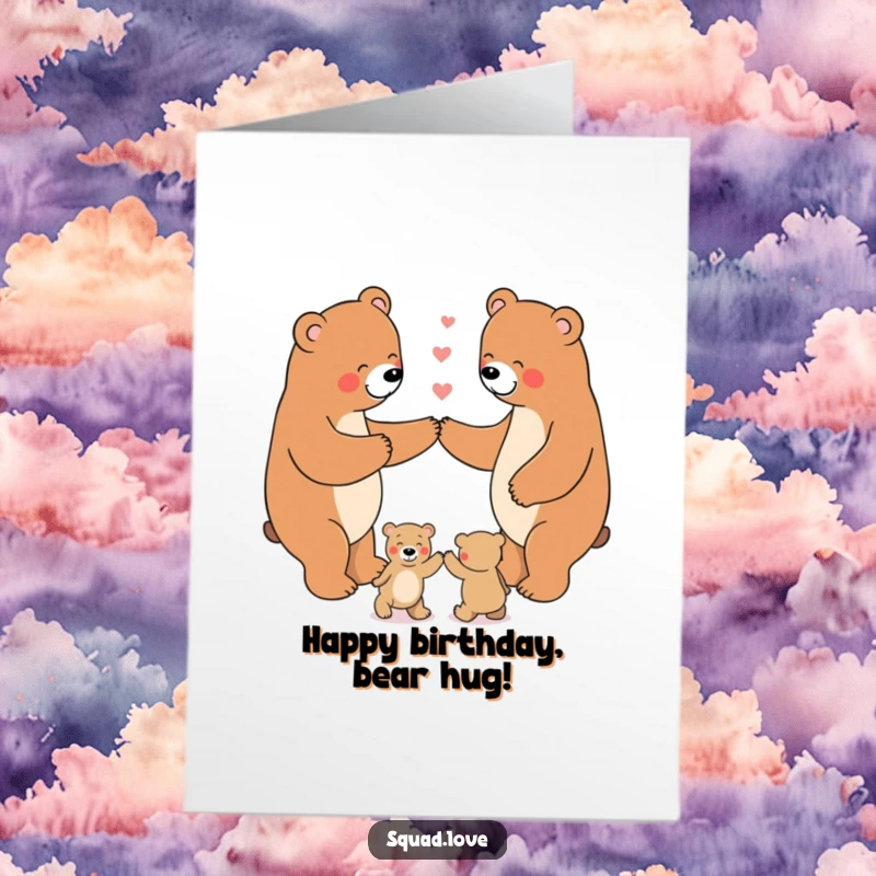Funny Free Printable Birthday Card: A happy family of bears holding paws and dancing joyfully in a circle.