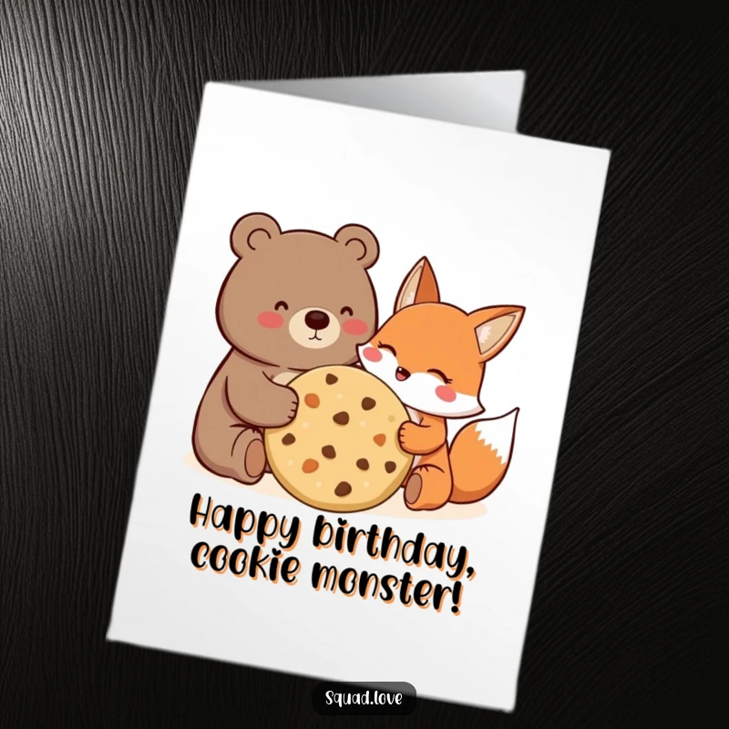Funny Free Printable Birthday Card: Bear and fox sharing a giant cookie with pure joy, celebrating together.