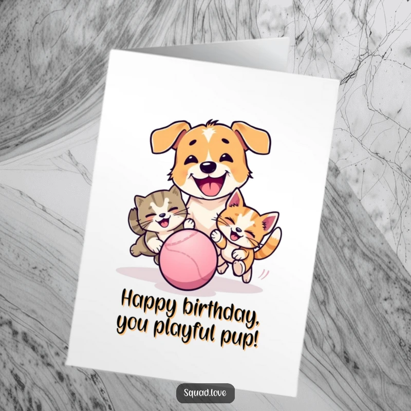 Funny Free Printable Birthday Card: Dog and cat energetically chasing a red bouncing ball with joyful abandon.