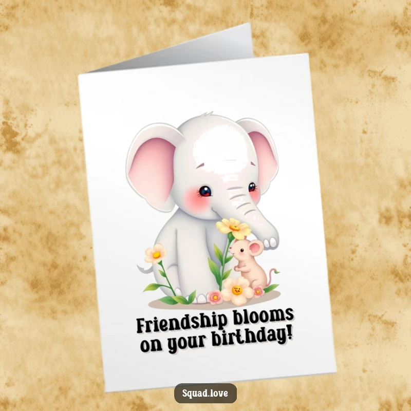 Funny Free Printable Birthday Card featuring a gentle elephant offering a flower to a tiny, smiling mouse friend.