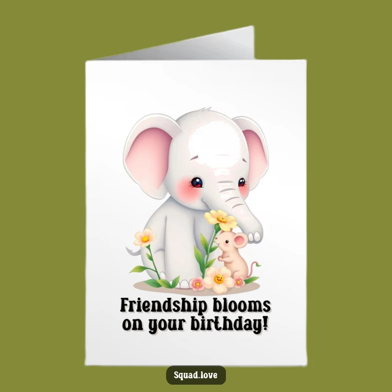 Free Printable Birthday Card: Elephant & Mouse Flower Gift, Funny Downloadable Greeting
