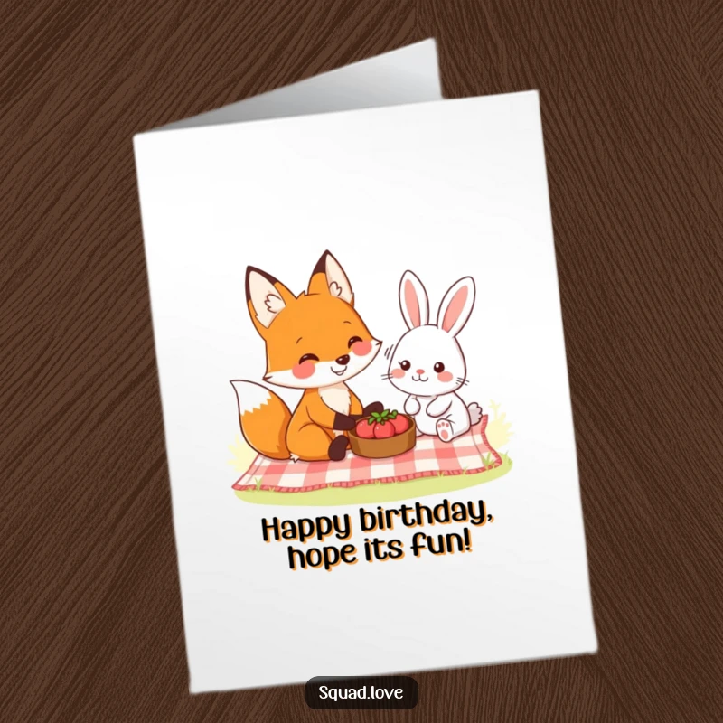 Funny Free Printable Birthday Card: Smiling fox and friendly rabbit sharing a picnic blanket with food.