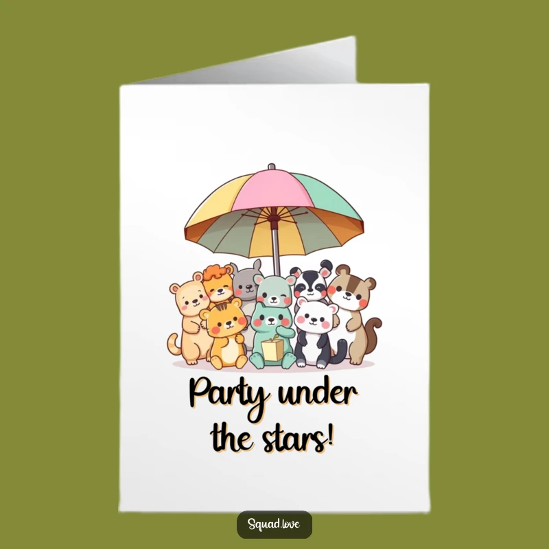 Free Printable Birthday Card: Funny Animal Friends Under Umbrella for Joyful Wishes