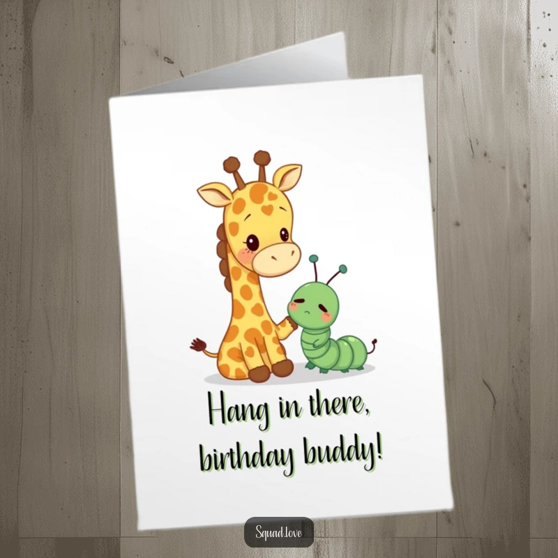 Funny Free Printable Birthday Card: A tall giraffe gently pats a sad caterpillar, offering comfort and birthday cheer.