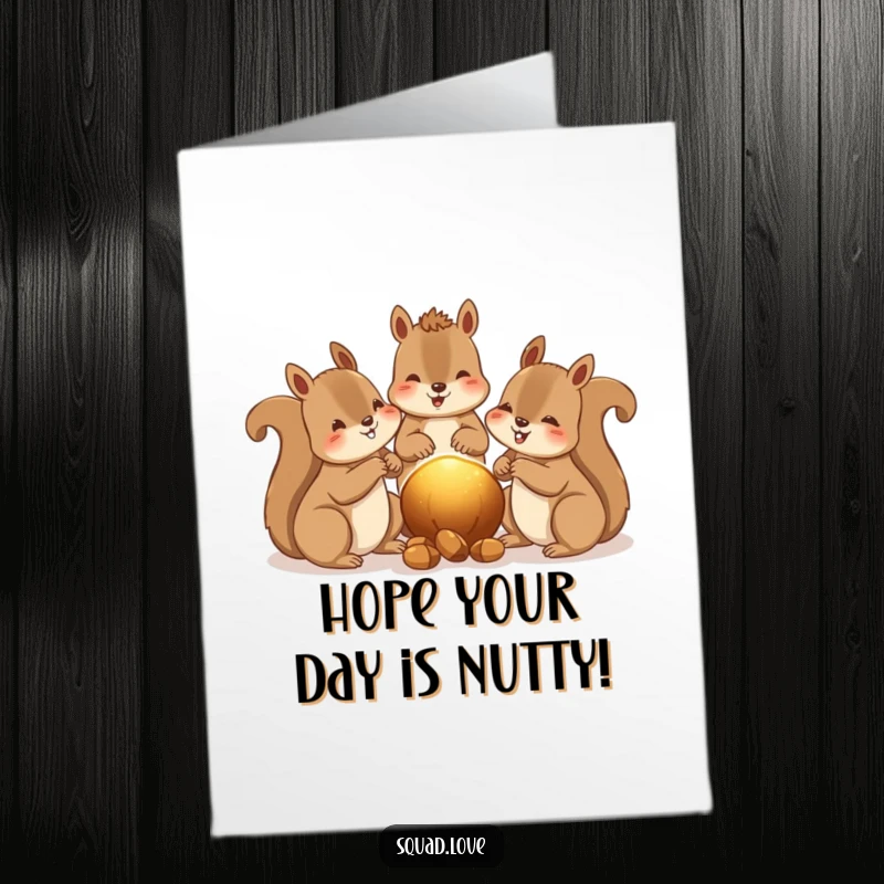 Funny Free Printable Birthday Card: Happy squirrels share nuts in a circle, a warm glow between them, celebrating your birthday.