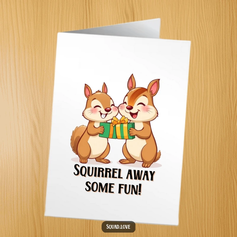 Funny Free Printable Birthday Card: A cheerful squirrel and chipmunk happily swapping gifts, smiles wide, celebrating a special birthday occasion.