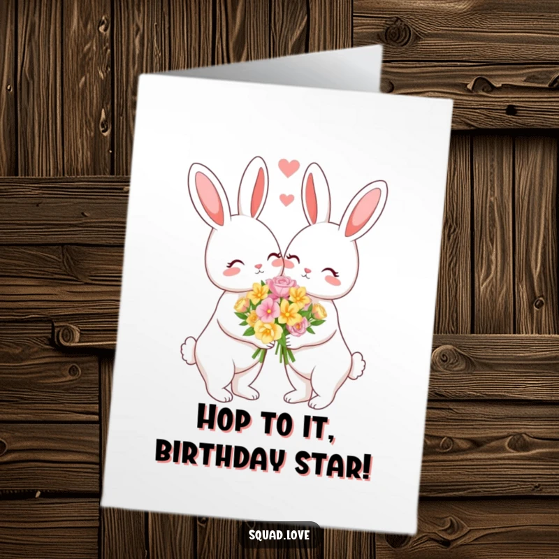 Funny Free Printable Birthday Card showcasing a sweet bunny couple sharing a romantic bouquet of flowers, radiating love.