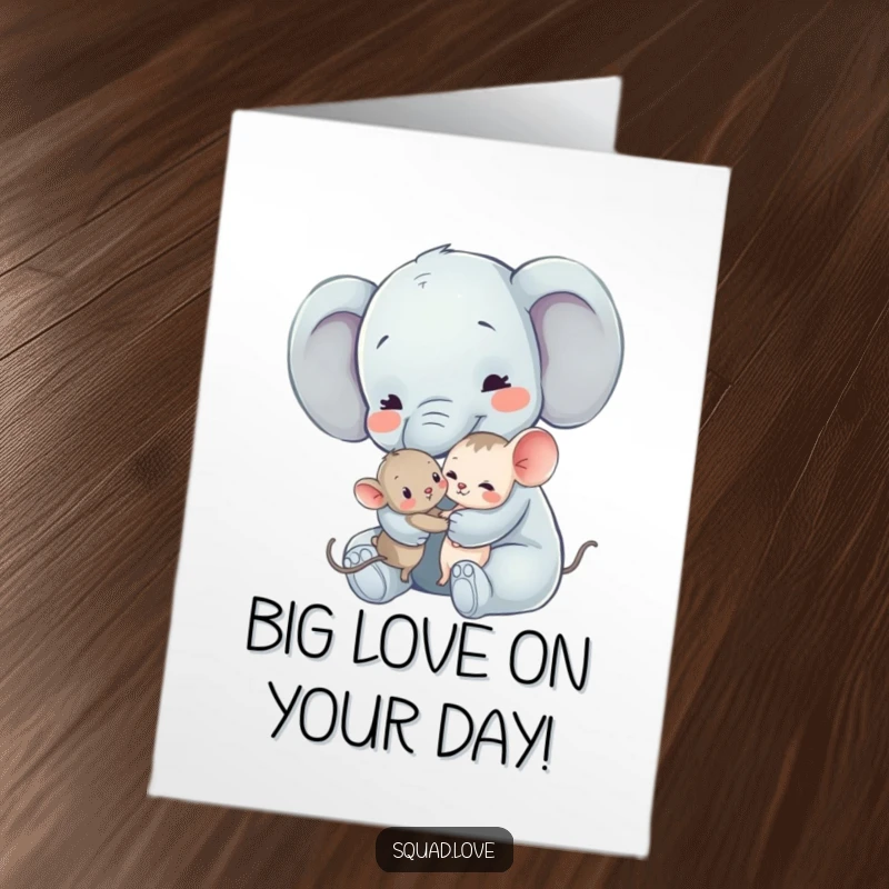 Funny Free Printable Elephant and Mouse Birthday Card: A gentle elephant embraces a tiny mouse in a warm hug for a birthday.