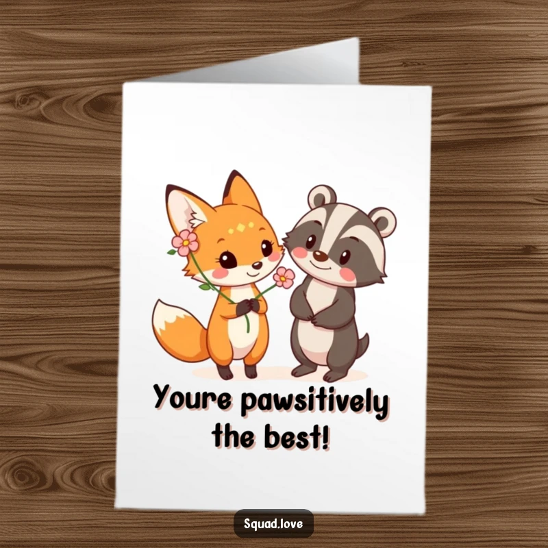Funny Free Printable Birthday Card: A sly fox playfully presents a blooming flower to a happy, smiling badger, celebrating a special day.