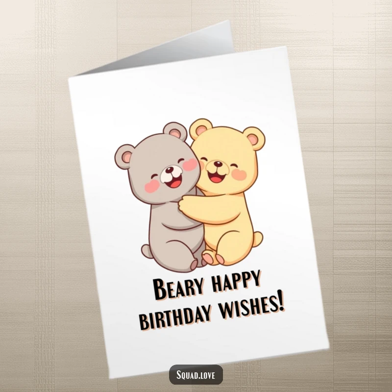 Cute Free Printable Birthday Card: Two kawaii bears with beaming smiles hugging each other tightly in a sweet embrace.