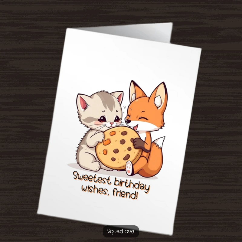 Free Printable Birthday Card: A playful kitten and a friendly fox happily sharing a giant cookie, celebrating together.