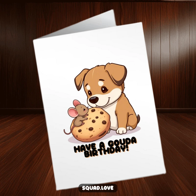 Funny Free Printable Birthday Card: A minuscule mouse generously shares a colossal cookie with a grateful, enormous dog, wishing a happy birthday.